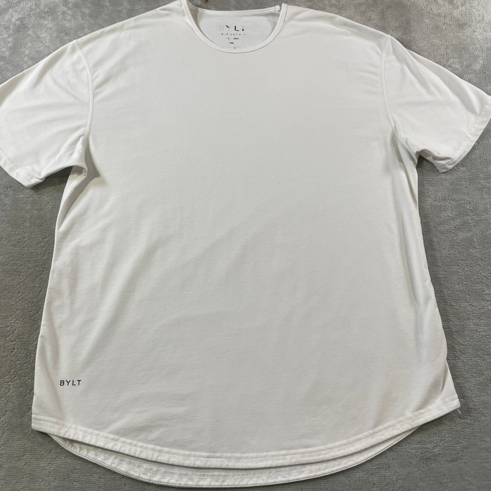 BYLT‎ Basics Shirt Drop Cut Lux Mens XXL White Short Sleeve Curved Hem Solid